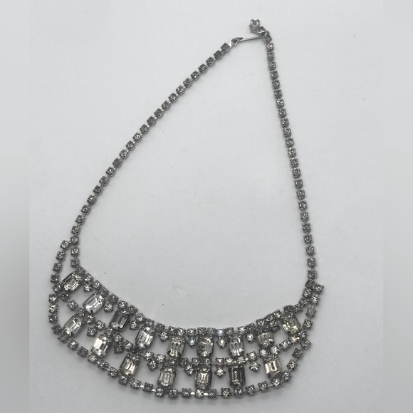 Vintage Jewelry - Vtg Rhinestone Double Row Silver Tone Metal Bib Necklace w Hook Clasp / 11”